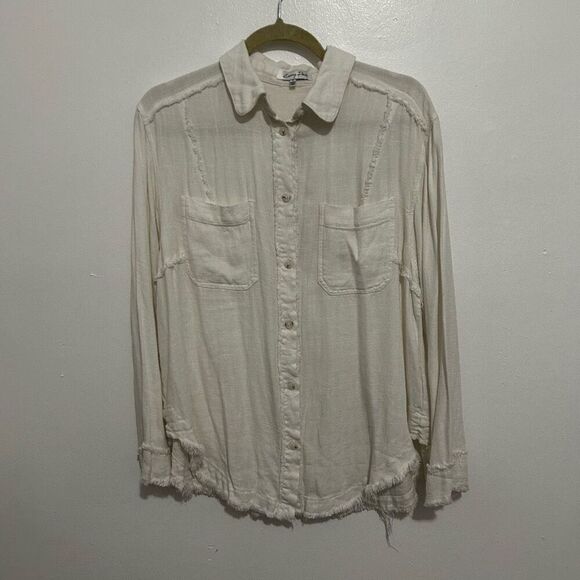 Emory Park White Linen Blend Button Front Blouse Size S Classic Neutral Minimal - Picture 1 of 10